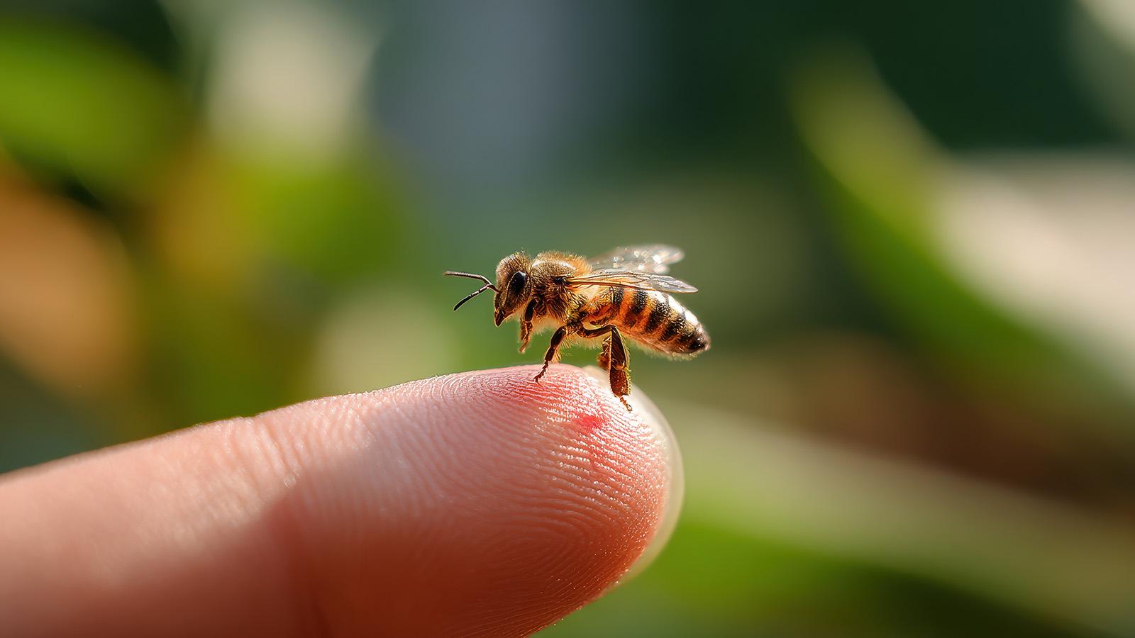Biene sitzt auf einer Fingerspitze vor einem Gartenhintergrund