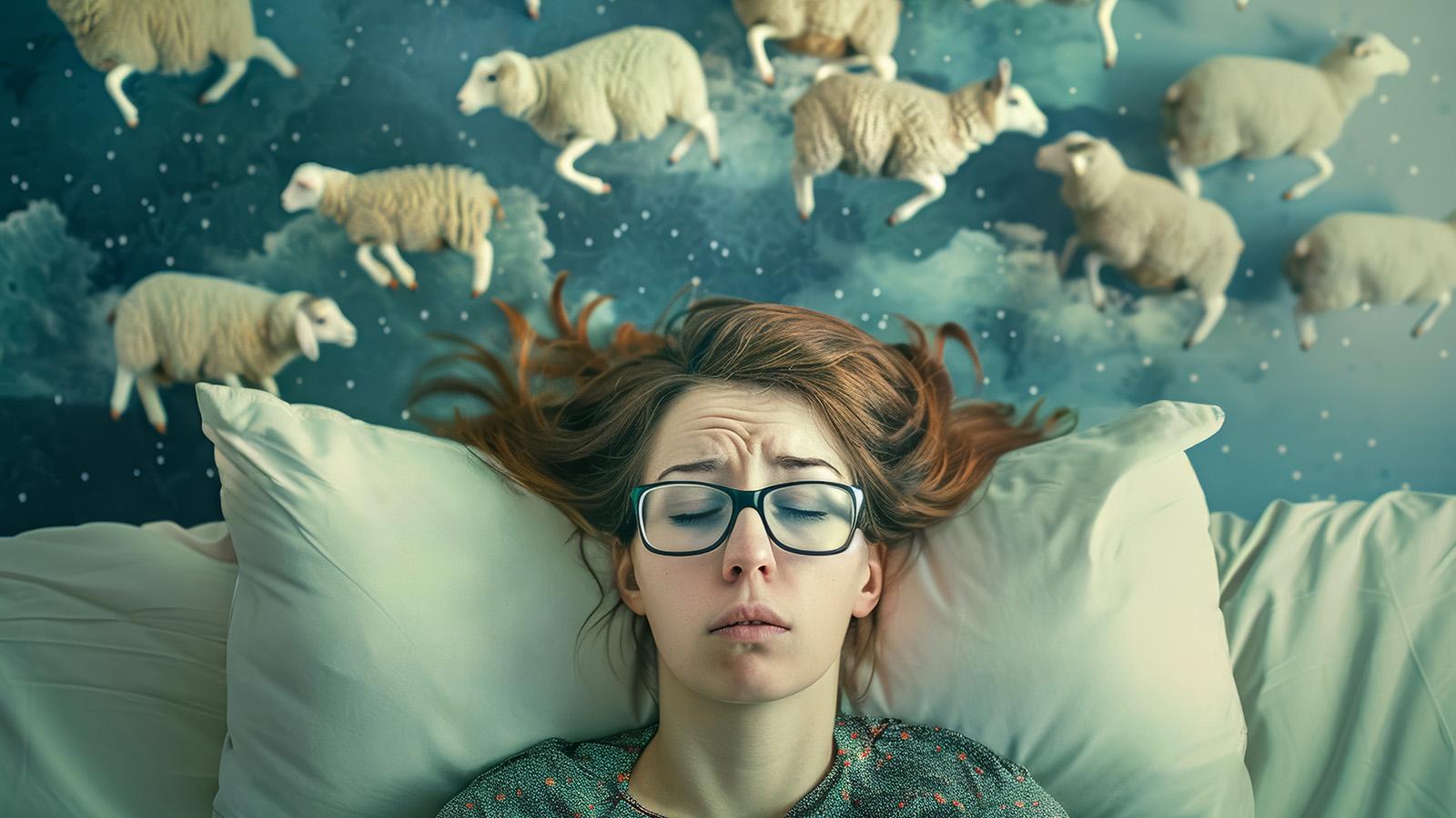 Frau mit Schlafstörungen liegt im Bett und zählt Schäfchen