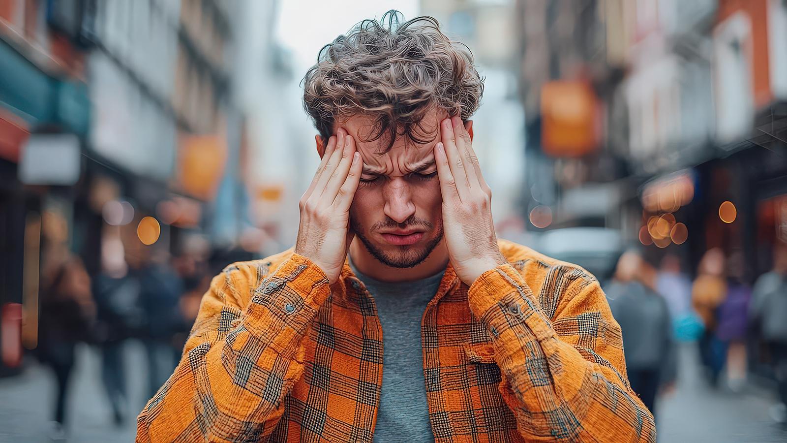 Mann drückt seine Hände gegen die Schläfen, weil er sich in Großstadt-Umgebung überfordert fühlt