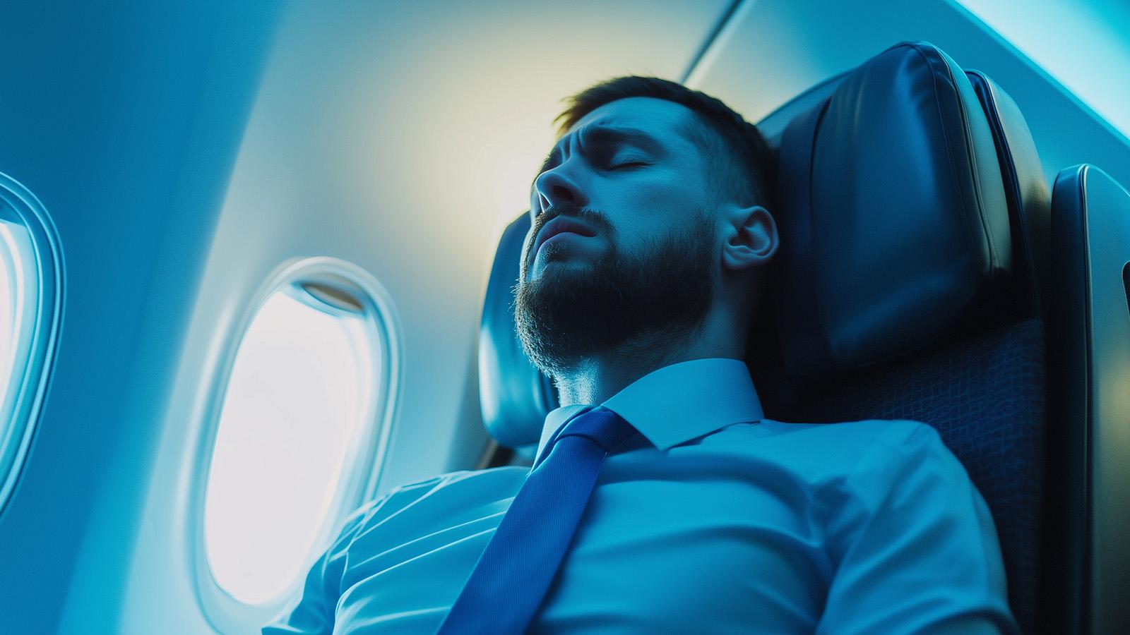 Mann mit Flugangst sitzt nervös im Flugzeug