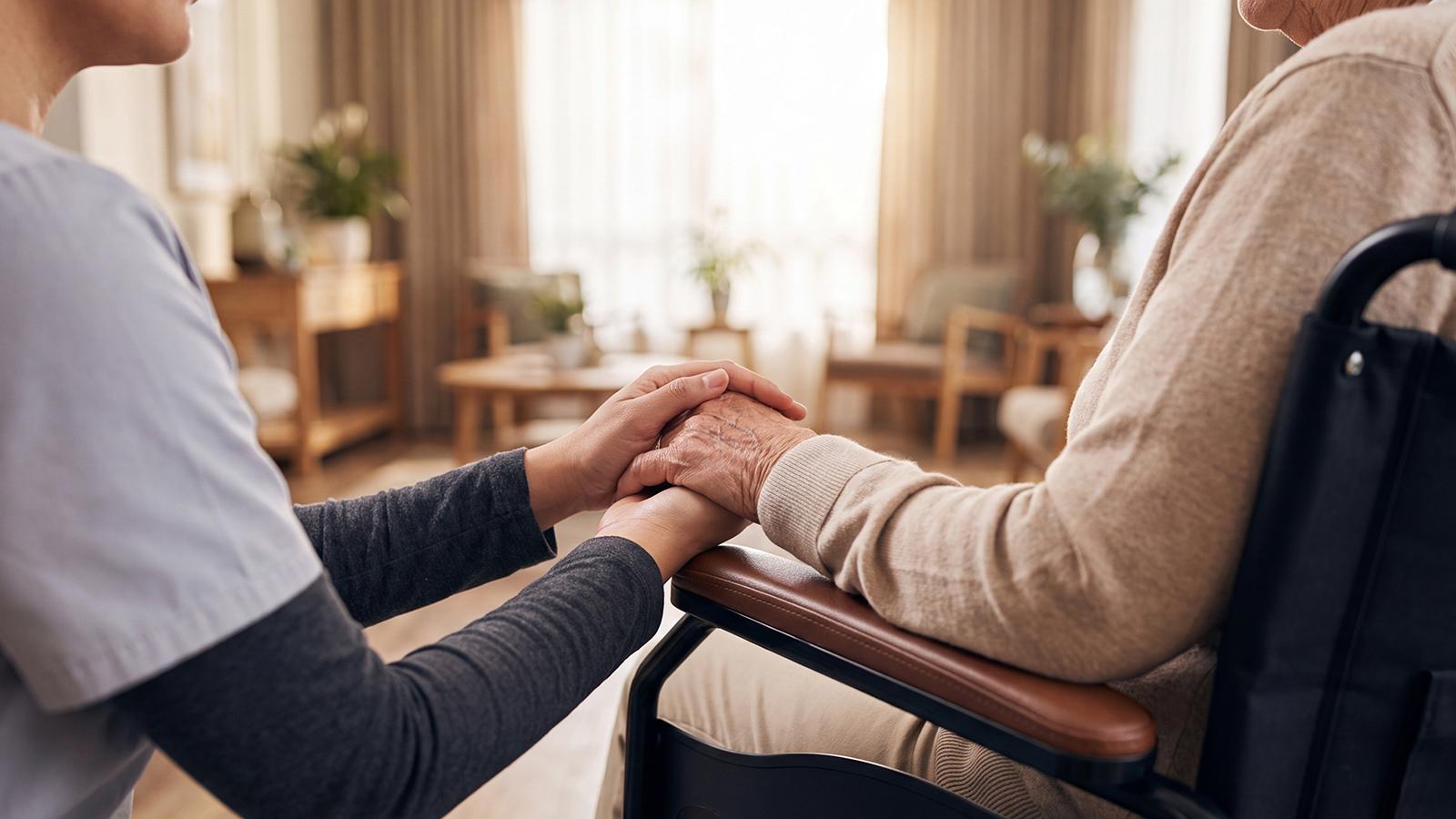 Pflegekraft hält die Hand eines älteren Patienten, der im Rollstuhl sitzt
