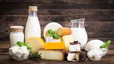 Verschiedene Milchprodukte, wie etwa Milch und Käse, auf einem Tisch drapiert