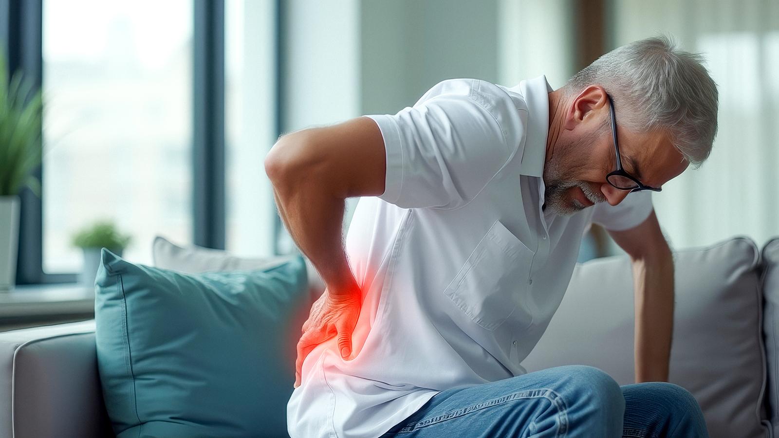 Mann sitzt mit Schmerzen im unteren Rückenbereich auf dem Sofa