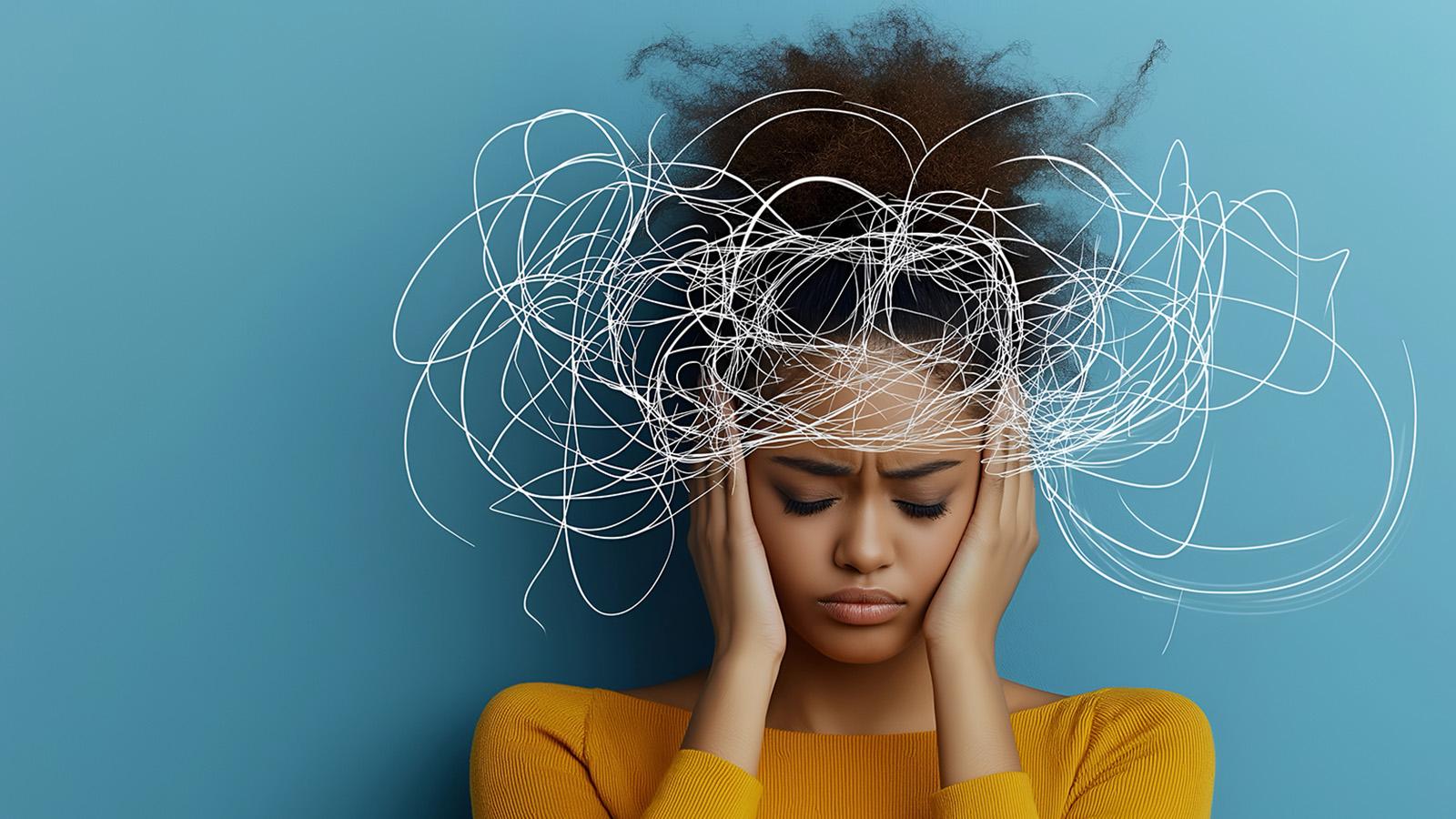 Grübelnde Frau mit einer Vielzahl an Linien, die ihren Kopf teilweise verdecken