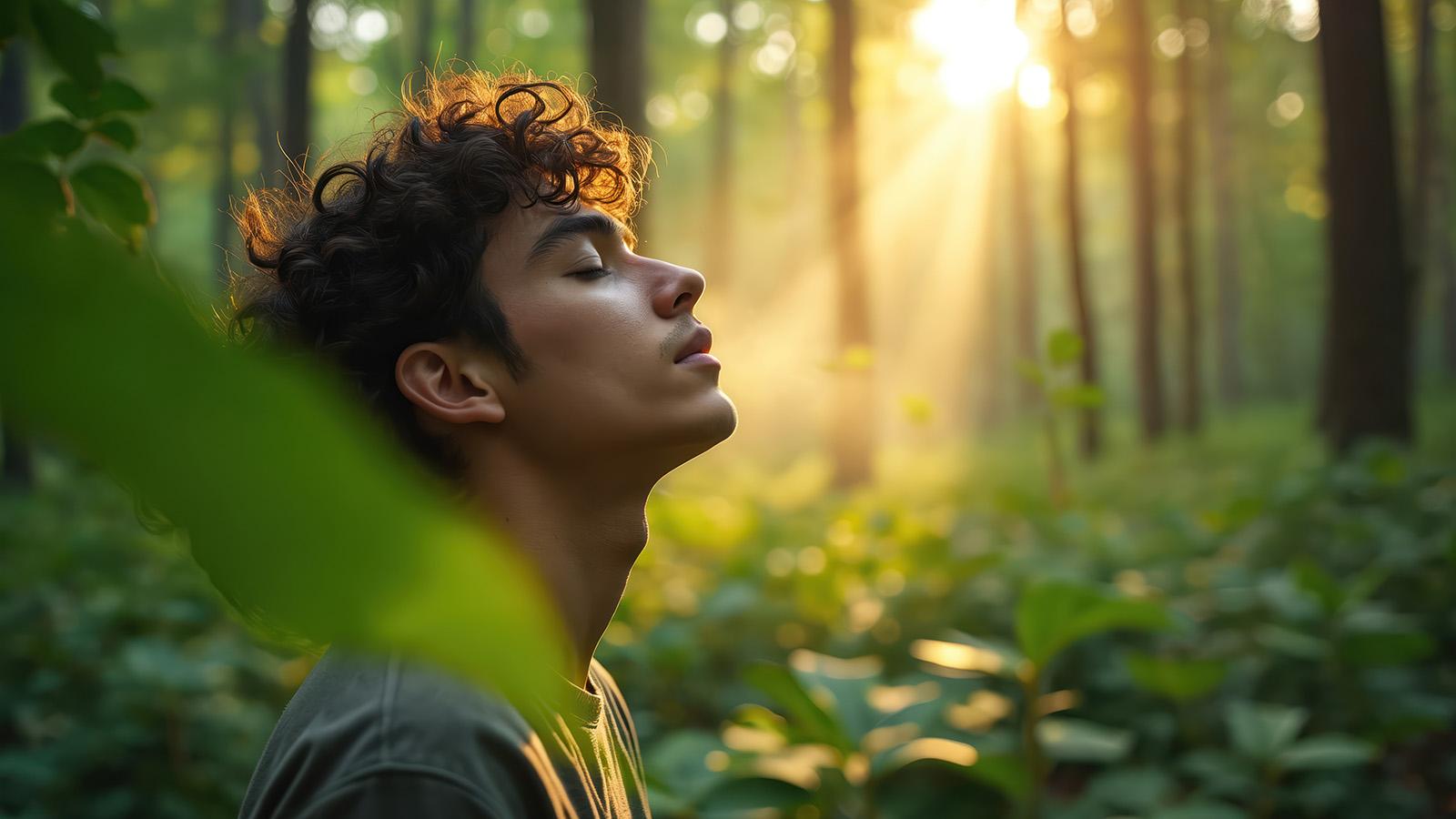 Junger Mann meditiert in einer sonnendurchfluteten Waldlichtung
