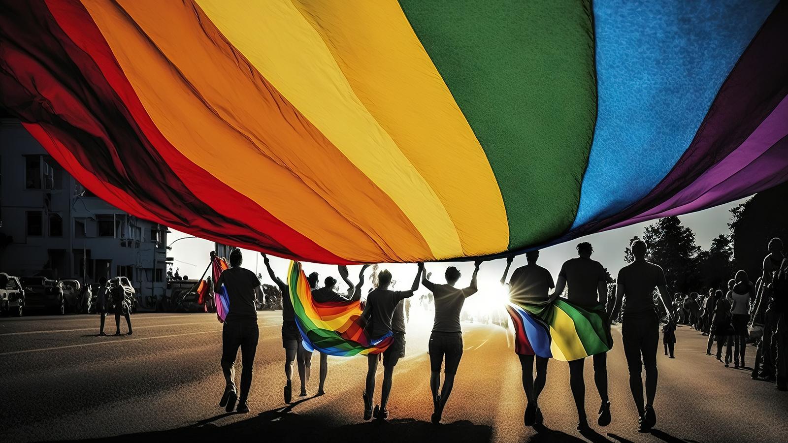Eine Gruppe von Menschen trägt stolz eine riesige Regenbogenfahne