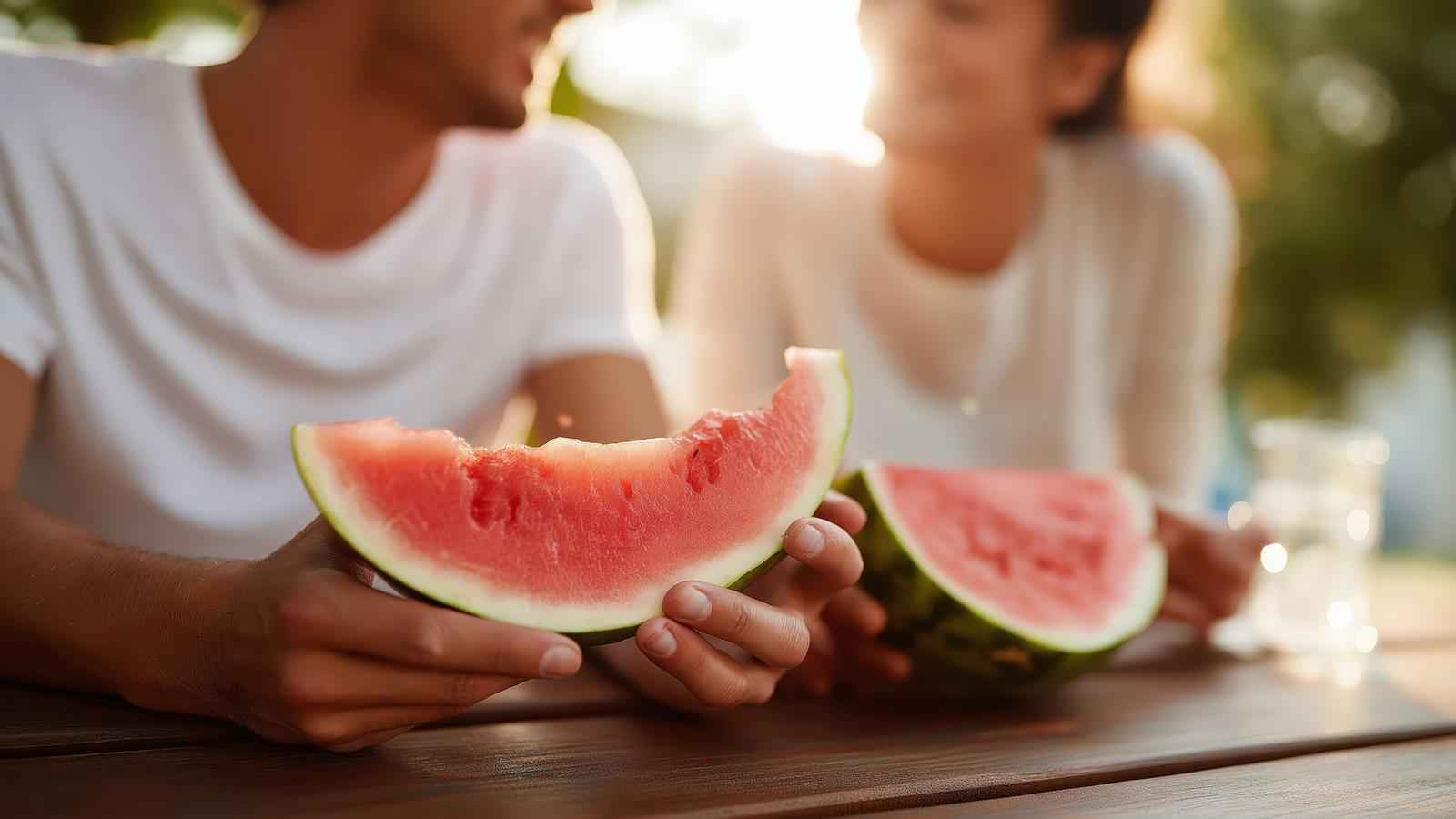 Junges Paar sitzt an einem Tisch im Freien und isst eine Wassermelone
