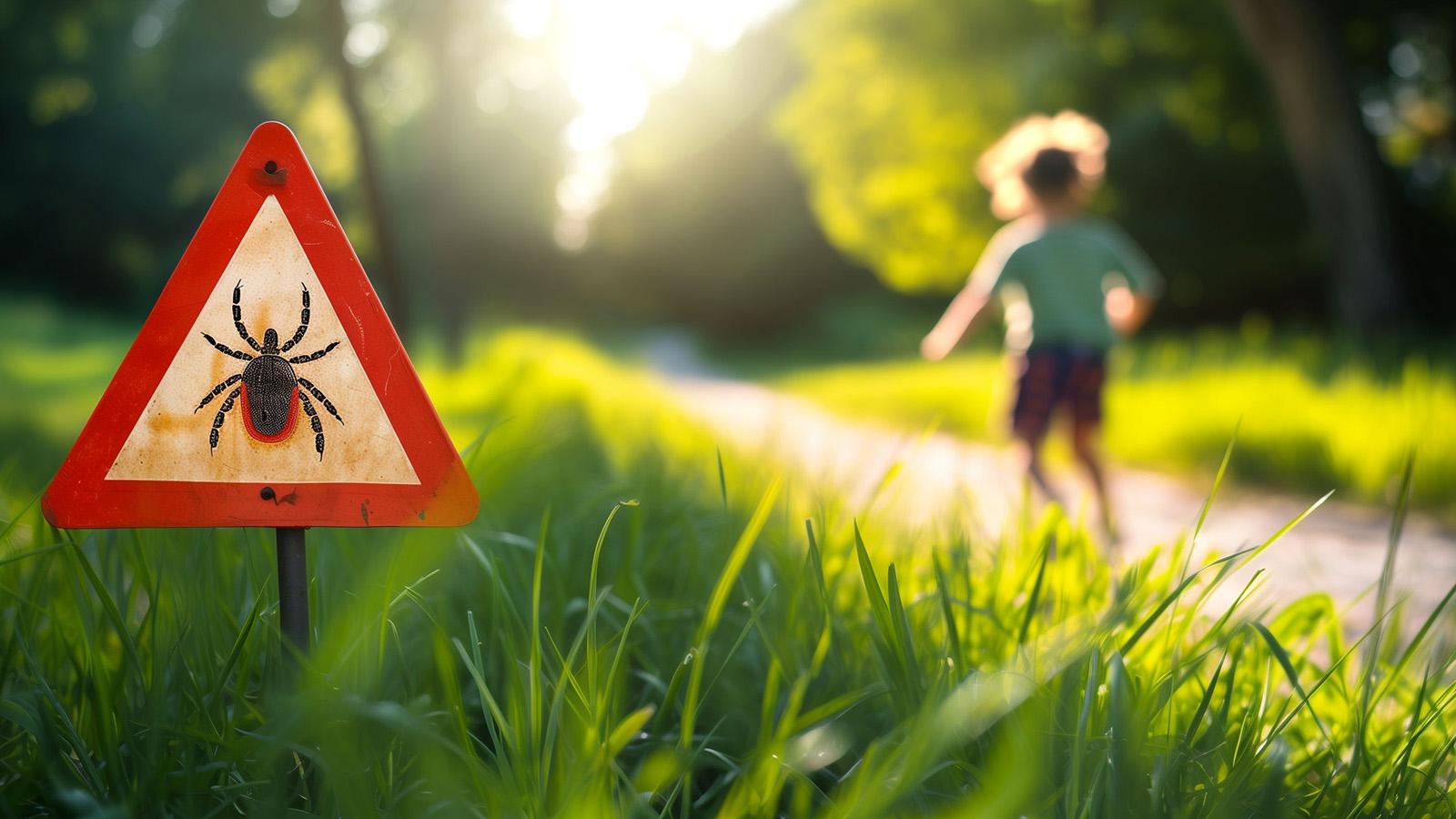 Schild warnt vor Zecken, Kind im Hintergrund