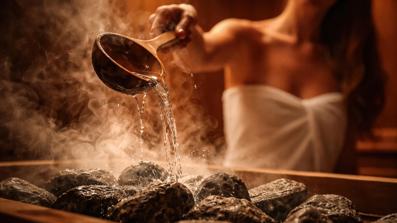 Eine Frau in der Sauna gießt Wasser auf heiße Steine