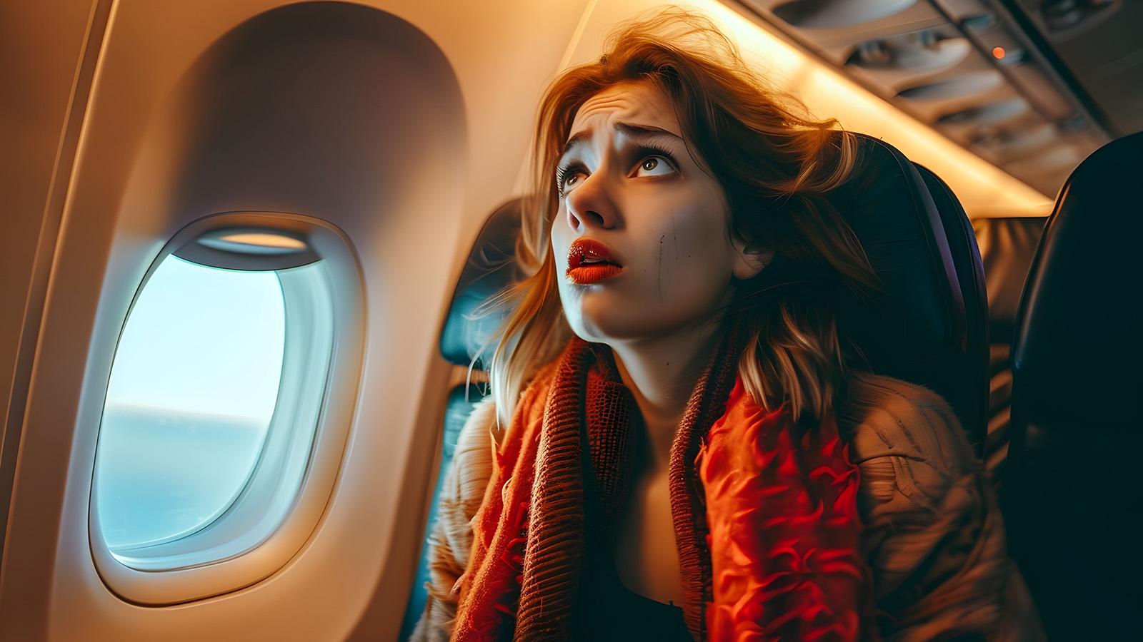 Frau mit Flugangst sitzt nervös im Flugzeug