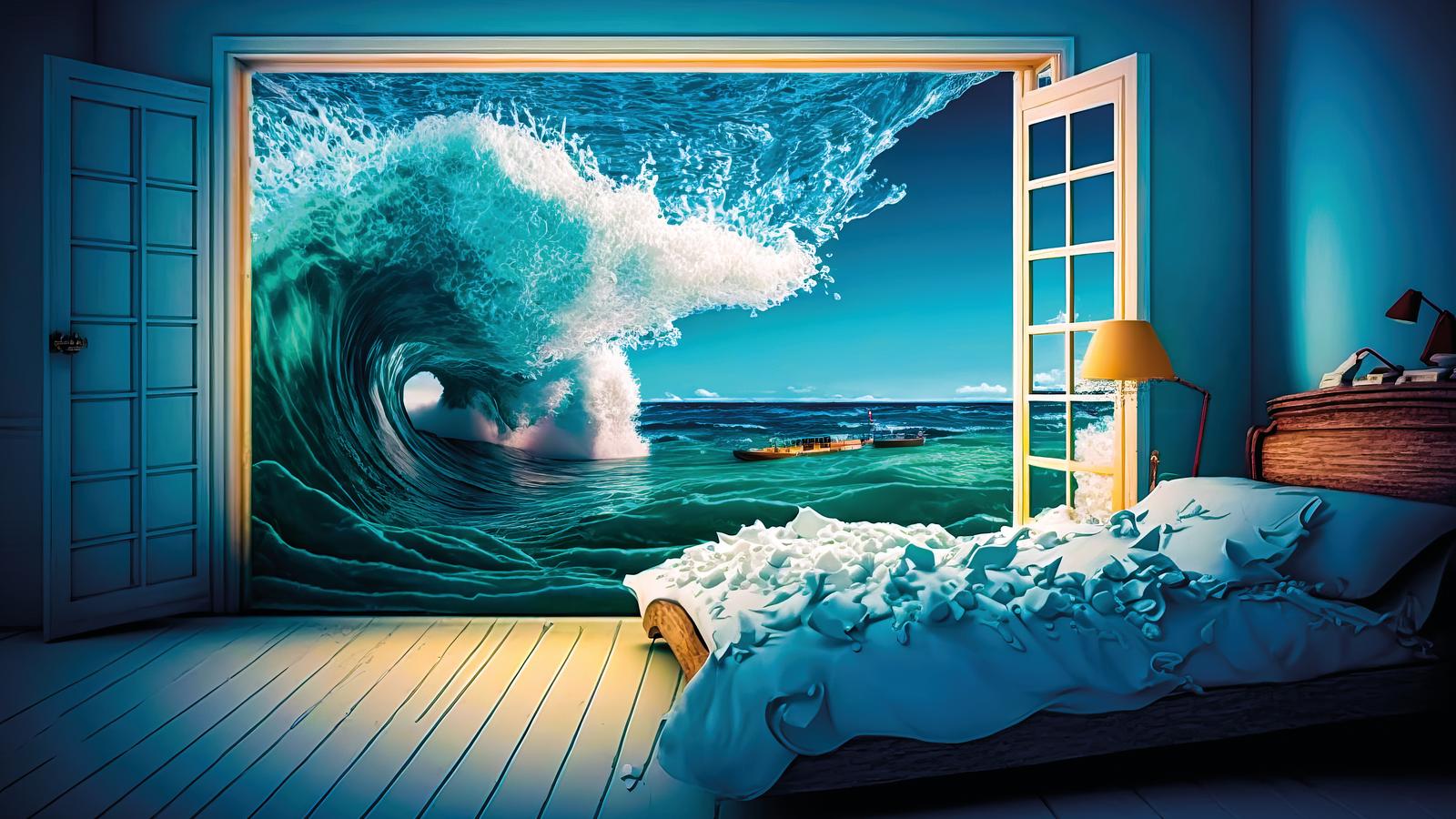 Ursachen, Diagnose und Therapie von Nykturie und nächtlicher Polyurie Illustration von Schlafzimmer mit Flutwelle durch das offene Fenster