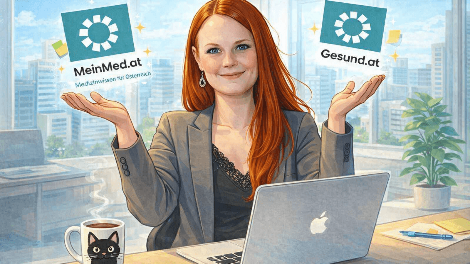 Grafik von Andrea an ihrem Schreibtisch sowie Titel und Logos der beiden Online-Plattformen