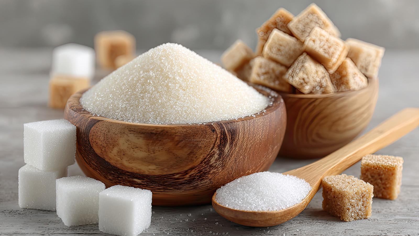 Verschiedene Zuckersorten in Holzschalen